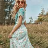 Sıradan Elbiseler Sonbahar Elbise Retro Moda Küçük Floral Fener Uzun Kollu Düğme Yüksek Bel Yeşil