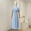 Sukienki imprezowe 2024 Modna wiosna letnia kobiety plisowe odzież niebieski dziobowy z krótkim rękawem Rucha Elegancka długa sukienka midi dla kobiety