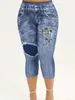 سراويل نسائية Capris Womens بالإضافة إلى الحجم 1XL-8XL سراويل محصوقة مع Cat Print تقليد الدنيم عرضة منتصف الارتفاع متعدد الاستخدامات Y240422