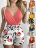 Women Casual Satin Print Anzug Mode hohl von Schultertimen mit langen Hosen 2 -Stück -Sets Feder lose Pendeloutfits 240412