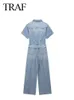 TRAF Fashion Women Women Denim Blue Belesuits Elegant Short Sleeve Label Twilar Jumpsuit Streetwear Trapstar 240408