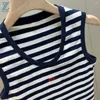 Damestanks lente/zomer marineblauwe streep gebreide geborduurde tanktop