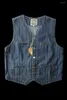 Men's Vests American Casual Retro Denim Blue Vest Washed Cotton Vertical Striped Distressed Buckle Back Gentleman Camisole Vintage