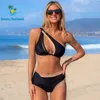 Женские купальные костюмы Beachsissi Solid Cutout Mesh Patchwork Bikini Установите одно плечо летнее купание пляжная одежда