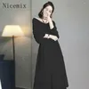 Casual klänningar franska v-ringning a-line lång klänning för kvinnor höst koreansk chiffong elegant snörning upp ärm midja smal mid längd vit