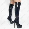 Botlar ronticool kadın kış platformu diz sırtta fermuar stiletto topuklu yuvarlak ayak parmağı siyah cosplay ayakkabıları bize boyut 5-20