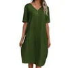 Party Dresses Summer Women Dress V Neck Short Sleeves Loose Side Pockets Lady Casual Daily Midi
