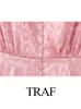 Lässige Kleider 2024 Frau Frühlingskleid rosa Print O-Neck Langarm Federmanschette Dekorieren Sie weiblich elegant