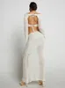 Hirigin Womens virkning Knit 2 -stycken kjol Set ihålig skörd topp långärmad rygglös tie up club bodycon klänning kläder 240419