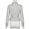 女性のブラウスBiikpiik Grey Stripe Curagy Women Blouse Scise Polo-Neck Single Breched Shirt All-Match Basic Slim Fit Underay Top