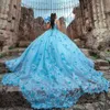 2024 Sky Blue Quinceanera Kleider 3D Blumen Applikationen Perlen Tull Pailletten Ballkleider Prinzessin Graduierung Vestidos de 15 Anos