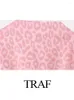 Lässige Kleider 2024 Frau Frühlingskleid rosa Print O-Neck Langarm Federmanschette Dekorieren Sie weiblich elegant