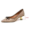 Dress Shoes Aucegi 2024 Bling Sequined Cloth Bowknot Women Pumps Sexy Pointed Toe Comfortable High Heels Fashion Wedding Party Apricot