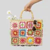 Bohemian Granny Square Staw Handväskor Casual Paper Woven Bamboo Handle Women Hand Bags Handmade Summa Beach Bag Stor tote Purse 240415