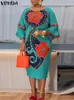 Lässige Kleider Frauen Retro Blumenkleid gedrucktem Midi Sundress Vonda 2024 Vintage Rüschenhülse Patchwork Farbe Herbst Bohemian Loose Robe