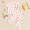 Kleding sets peuter babymeisje zomerkleding geribbelde shirt shirt met korte mouwen bovenste boog print bell bodems wijd uitlopende broek set 3 stks outfit