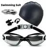 Adult Swimming Suit HD Antifog Goggles Set Waterproof Silicone Nose Clip Earplugs and cap Men 240416