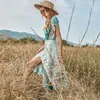 Sıradan Elbiseler Sonbahar Elbise Retro Moda Küçük Floral Fener Uzun Kollu Düğme Yüksek Bel Yeşil