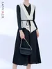 Casual Dresses Lanmrem Patchwork Pleated Dress for Women V Neck LongeChes Color Block Belt Ladies Clothes Design 32A331