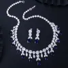 Colliers Cwwzircons Luxury Blue Dark Femmes Robe de fête de mariage Bijoux Big Slebing Drop Bridal Cz Collier Oreilles