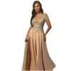 2024 Sexy Champagne Evening Dresses Wear Deep V Neck Short Sleeves Sier Lace Crystal Beads Sheer Back Formal Prom Dress Party Gowns Plus Size Side Split 0513