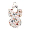 Rompers zomer backless babymeisjes bodysuits schattig geboren kleding outfits ruches mouwloze kuiken bloemenprint romper met hoofdband set