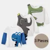 T-shirts 210 Year Children's Clothing Tshirts Cartoon Dinosaur Letter Splicing Stripe Oneck Boys Clothes 2023 New Fashion Kids Clothes