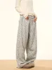 Qweek Floral Print workowate dreski kobiety szara wysoka talia prosta za vintage koreańska streetwear y2k swobodne luźne spodnie na nogi 240403