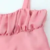 Women's Tanks Bow Pink Crop Top Women Ruched Satin Sleeveless With Straps Backless Sexy Summer Tops Woman 2024 Cute Short