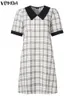 Casual Dresses Vonda Bohemian Elegant Mini Dress Women Short Sleeve Lapel Plaid Vestidos 2024 Summer Robe Office Streetwear Sundress