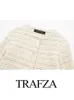 Kvinnorjackor Trafza 2024 Spring Women Fashion Coat O Neck Gold Line Loose Jacket Kvinna Mångsidig yttre street Kvinnlig Cardigan Top