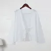 Women's Blouses Solid Color Blouse Women Loose Fit V-neck Top Stylish Shirt For With Front Tie 3/4 Sleeve