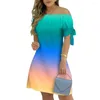 Robes de fête Lady Summer Robe Gradient Couleur Plaid Imprimé épaule à manches courtes Habillage Lacet Up Tie Cuff Dathe