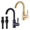 Bathroom Sink Faucets Single Handle Brushed Gold Faucet With -Up Drain And Cold Water Mixer Brass Black Basin