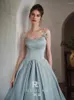 Runway Dresses Blue Satin Celebrity Dress Backless Woman French Pearl Bow Spaghetti Strap Wedding Party Golvlängd Prom Aftonklänningar