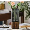 Vasen minimalistische Glas Vase Holz Basis Hydroponic Blumentöpfe Schreibtisch Dekoration Künstliche Blumenarrangement Dekorative Dekorative