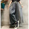 Kvinnors jeans kvinnors byxor japanska mode elastiska midja blommiga broder lapptäcke baggy kvinnor stor storlek bred ben