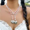 Halsketten Purui Y2K Weiß/rosa Imitation Perlenkette Großes Liebes Herz mit Blumenmuster Anhänger Choker Frauen Halskette Schmuck Mädchen Mädchen