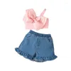 Clothing Sets Kids Girls Summer Shorts Sleeveless Bow Camisole Tops With Ruffle Denim Short Jeans Outfits Clothes