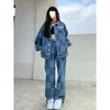 Autumn Denim Set Men Women Plaid Patchwork Lapel Denim Jacket Wide Leg Straight Jeans Mens Casual Loose Two Piece Suit unisex 240415