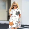 Sommermädchen Kleid runden Hals Kurzarmrock Rock Little Girl täglich schöne Katzen 3d Druckprinke 2024 240416