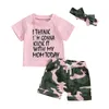 Ensembles de vêtements Ewodos Little Girl Vêtements d'été Claies courtes Lettre à manches Primps Prints With Camouflage Match Shorts et Bandband 3 PCS Tenue