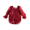 Jednoczęściowe Ins Baby Girl Bow Velvet Princess Romper Plisted Bodysuits Vintage nowonarodzony Todder urodzinowy kombinezon jeden kawałek.