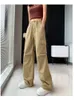 여자 청바지 여자 여자 드로우 스트링 디자인 큰 주머니 캐주얼 바지 패션 걸 넓은 다리 바닥 여성 높이 허리 똑바로 얇은 바지 Y240422