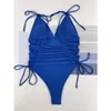 Swimwear Women 2024 One Piece Femmes Blue DrawString plikini Bikini sexy en V Solte à lacets à lacets monokini monokini