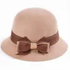 Berets Autumn Winter Wool Fedoras Hat Bow Curl Birm Protect Ear Warm Bowler Floppy Ladies Churh Cloche Hats M6722