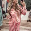 Women's Sleepwear Women Pajamas Set Long Sleeve Button Down Shirt And Pants 2 Pieces Christmas Striped Imitation Silk Loungewear