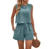 Spares para mujeres Summer Summer Summer Linen 2 piezas Conjuntos de mujeres Button Button Up Up Sleeveless Tops Drawstring Shorts Conjunto de pistas casuales