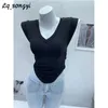 Women's T Shirts Lq_songyi Basic V Neck Women 2024 Summer Solid Tops Side Folds Short Sleeve Shirt High Strech Slim Fit Top