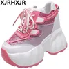 Casual schoenen 10 cm roze dames bling chunky sneakers ademende platform sportvrouw veter dikke bodem